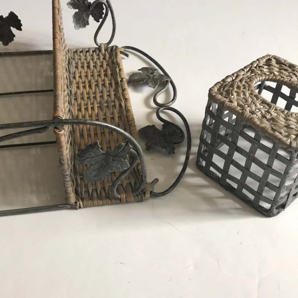 RATTAN AND METAL 2 tier shelf & tissue hol…